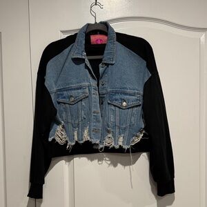 Denim and Black sweatshirt material Cropped Jacket
